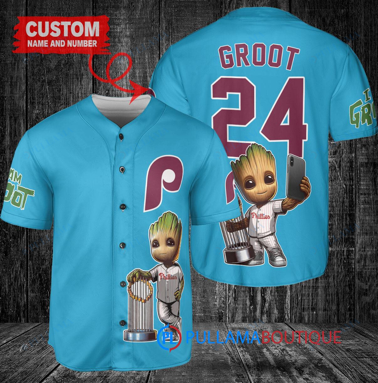 Phillies x Baby Groot Guardians Of The Galaxy Baseball Jersey - Light Blue