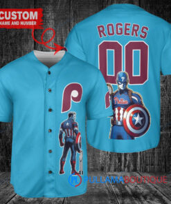 Phillies x Marvel Captain America Steve Rogers Baseball Jersey - Light Blue