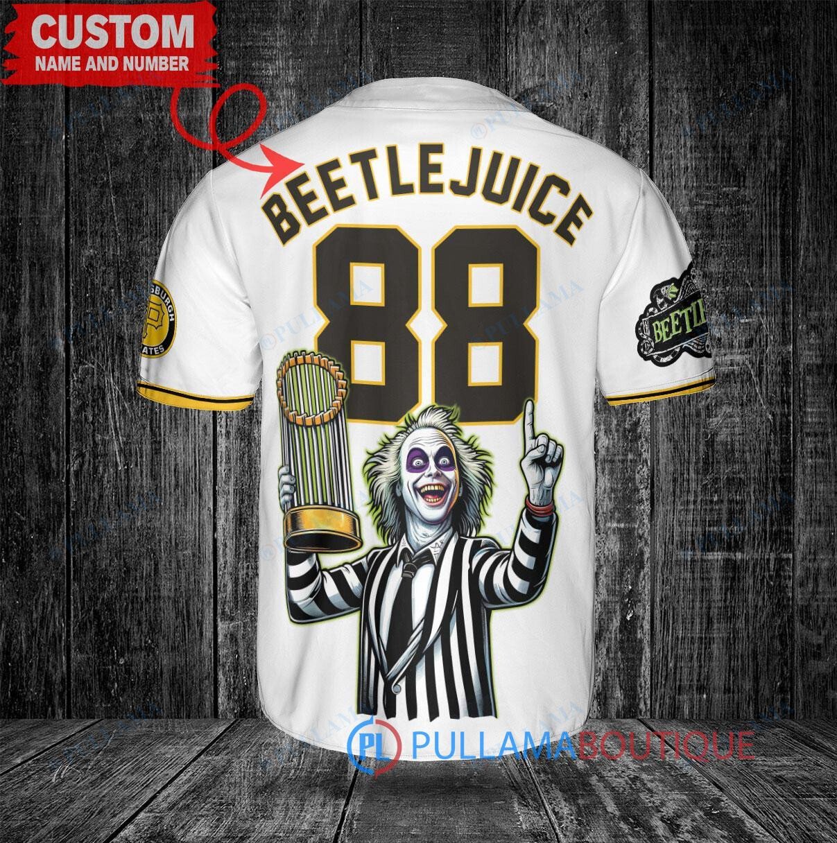 Pittsburgh Pirates Beetlejuice Halloween World Series Trophy Baseball Jersey White