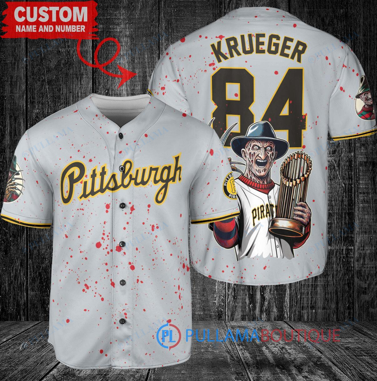 Pittsburgh Pirates Freddy Krueger Halloween World Series Trophy Baseball Jersey Gray