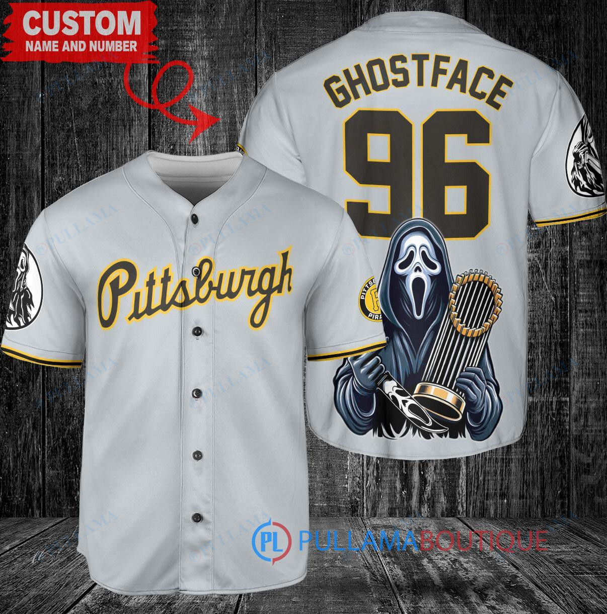 Pittsburgh Pirates Ghostface Scream Halloween World Series Trophy Baseball Jersey Gray