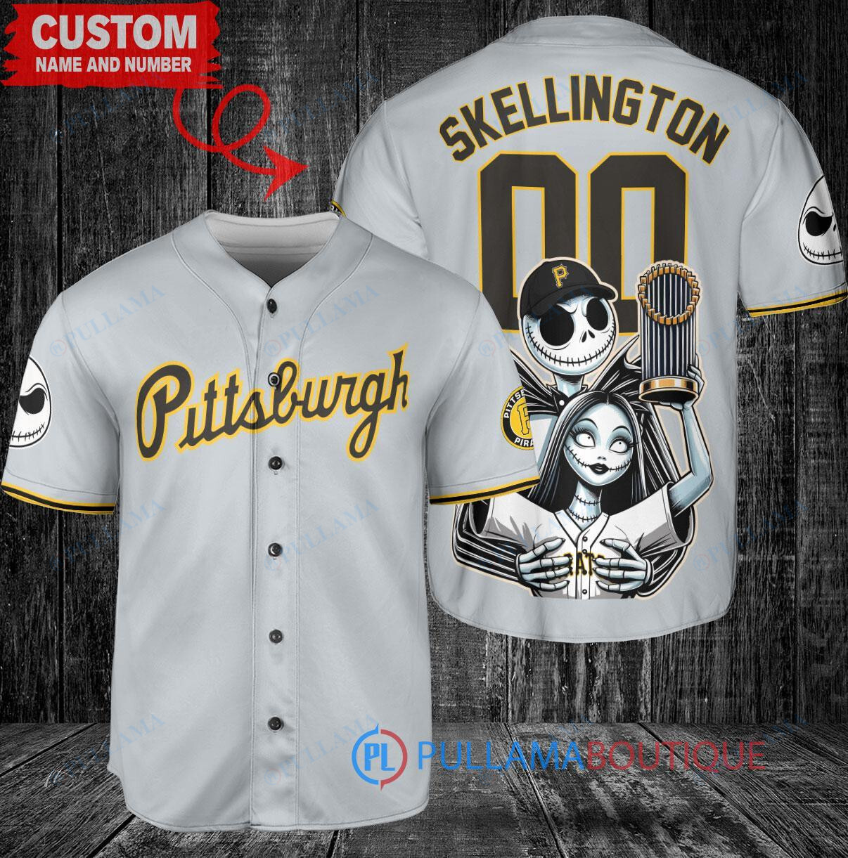 Pittsburgh Pirates Jack Skellington Sally World Series Trophy Baseball Jersey Gray