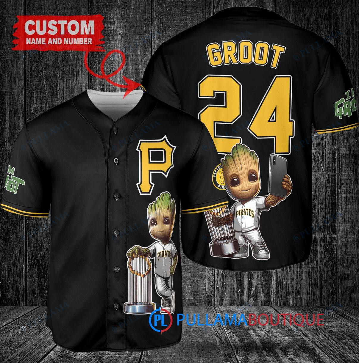 Pittsburgh Pirates x Baby Groot Marvel Guardians Of The Galaxy with Trophy Custom Baseball Jersey Black
