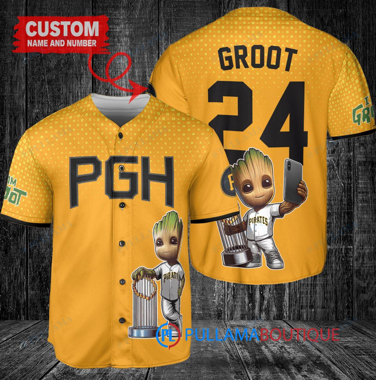 Pittsburgh Pirates x Baby Groot Marvel Guardians Of The Galaxy with Trophy Custom Baseball Jersey Gold City Connect