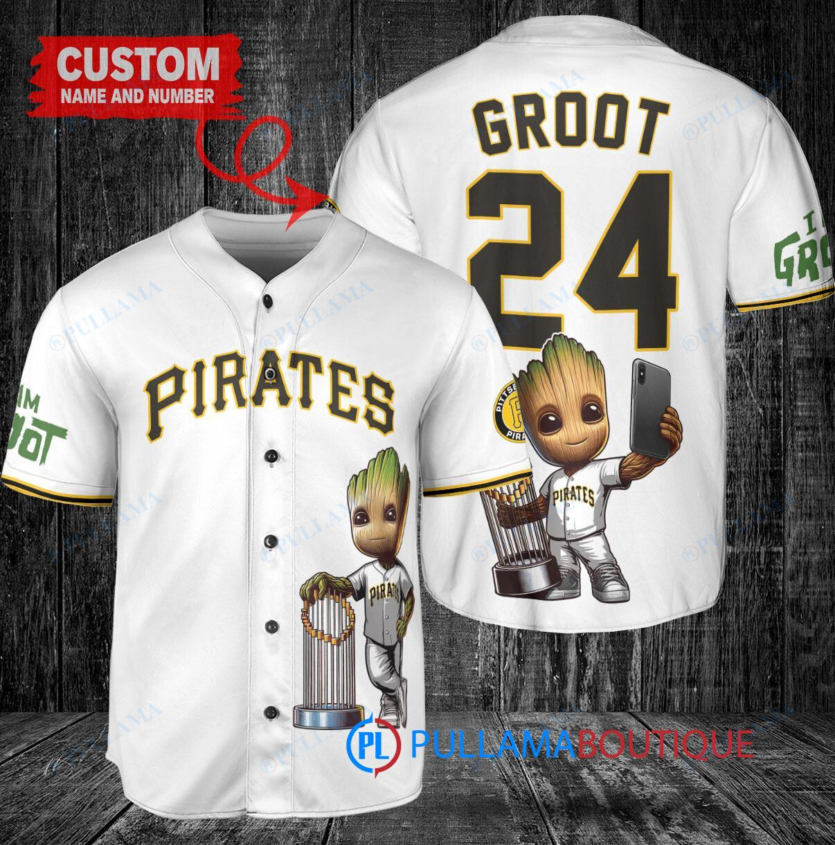 Pittsburgh Pirates x Baby Groot Marvel Guardians Of The Galaxy with Trophy Custom Baseball Jersey White