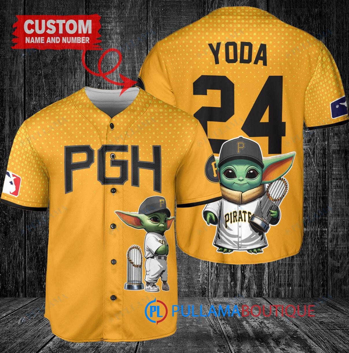 Pittsburgh Pirates x Baby Yoda Star Wars The Mandalorian with Trophy Custom Baseball Jersey Gold City Connect