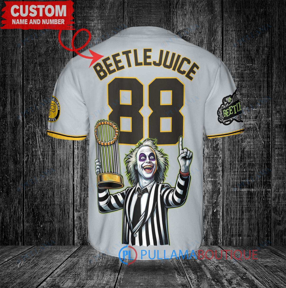 Pittsburgh Pirates x Beetlejuice Halloween with World Series Trophy Custom Baseball Jersey Gray