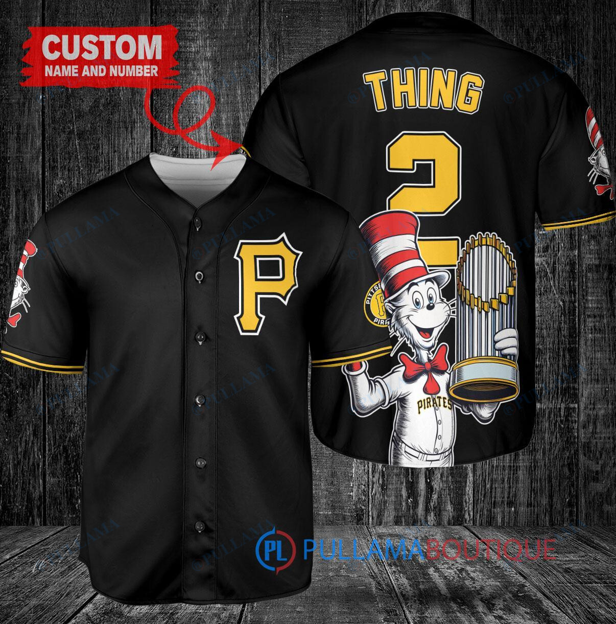 Pittsburgh Pirates x Dr Seuss with World Series Trophy Custom Baseball Jersey Black