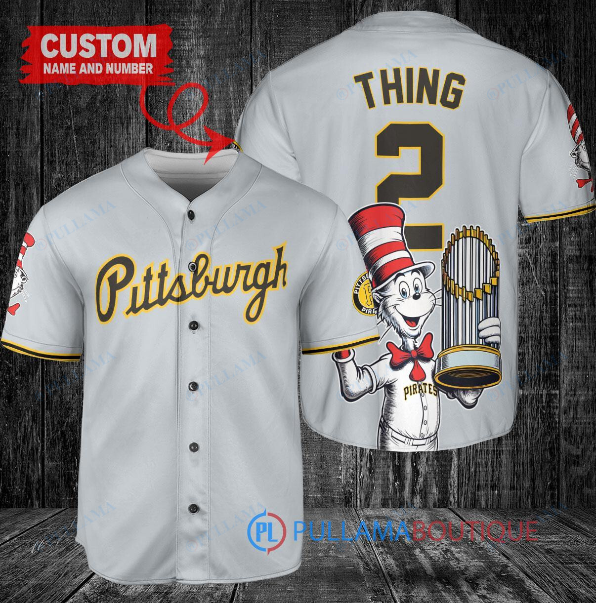 Pittsburgh Pirates x Dr Seuss with World Series Trophy Custom Baseball Jersey Gray