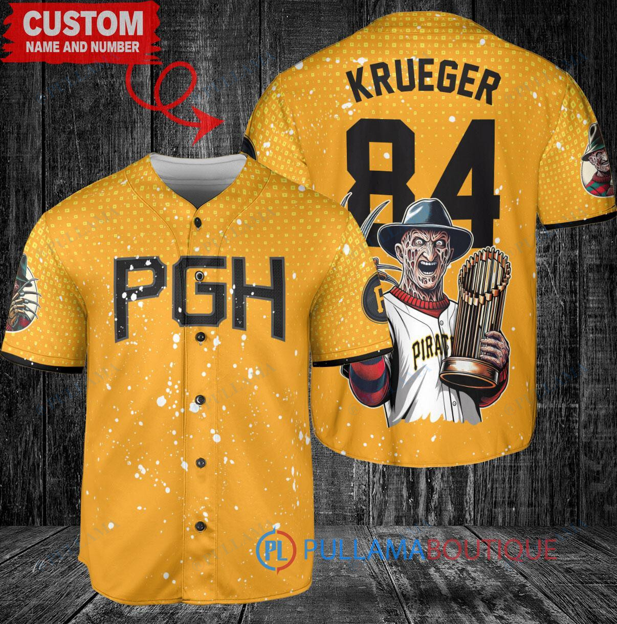 Pittsburgh Pirates x Freddy Krueger A Nightmare on Elm Street Halloween with World Series Trophy Custom Baseball Jersey Gold City Connect