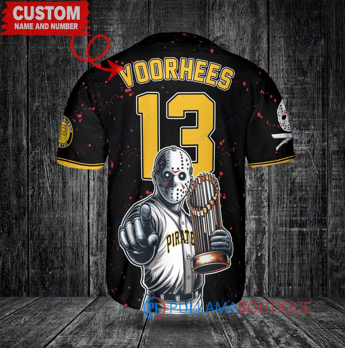 Pittsburgh Pirates x Friday the 13th Jason Voorhees Halloween with World Series Trophy Custom Baseball Jersey Black