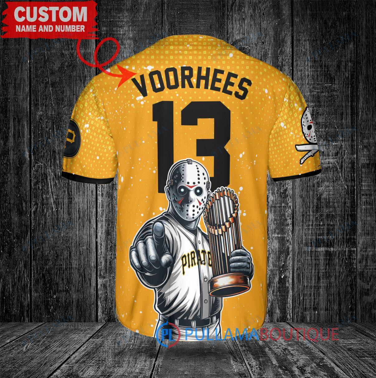 Pittsburgh Pirates x Friday the 13th Jason Voorhees Halloween with World Series Trophy Custom Baseball Jersey Gold City Connect