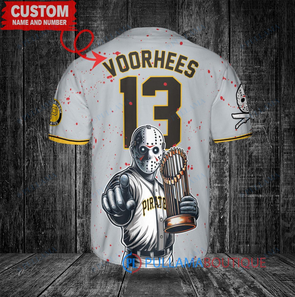 Pittsburgh Pirates x Friday the 13th Jason Voorhees Halloween with World Series Trophy Custom Baseball Jersey Gray
