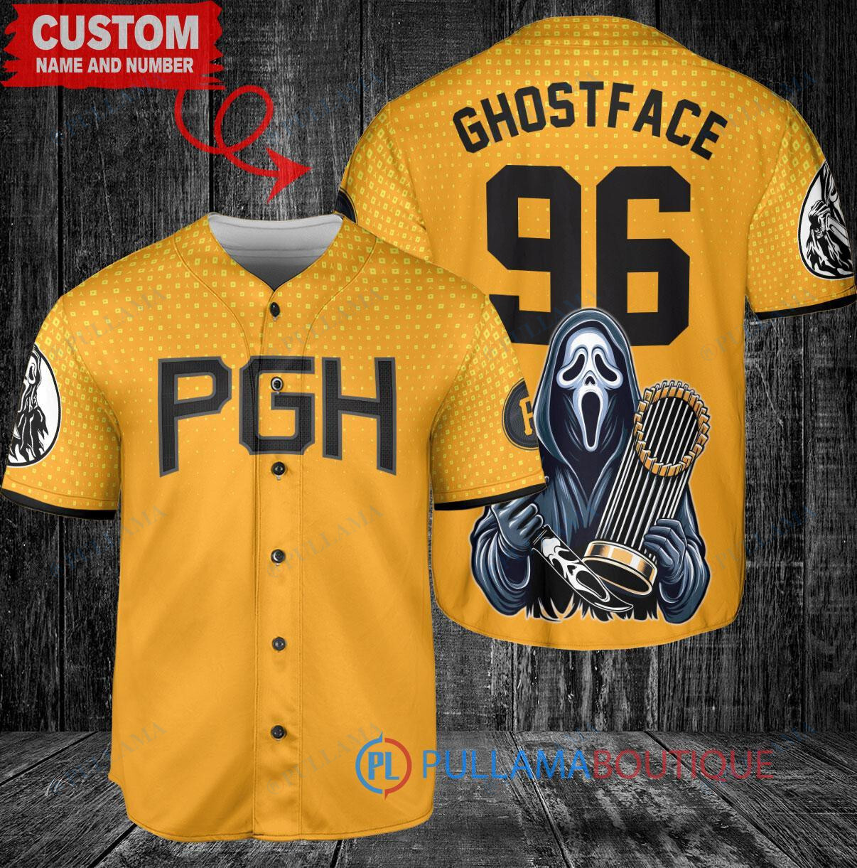 Pittsburgh Pirates x Ghostface Scream Halloween Halloween with World Series Trophy Custom Baseball Jersey Gold City Connect