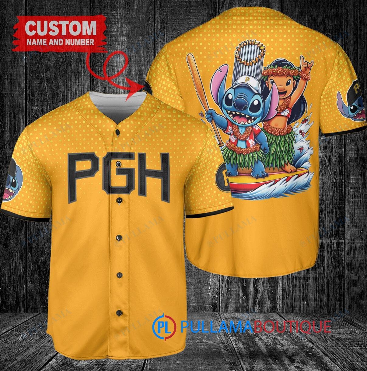 Pittsburgh Pirates x Lilo & Stitch with Trophy Baseball Jersey Gold City Connect