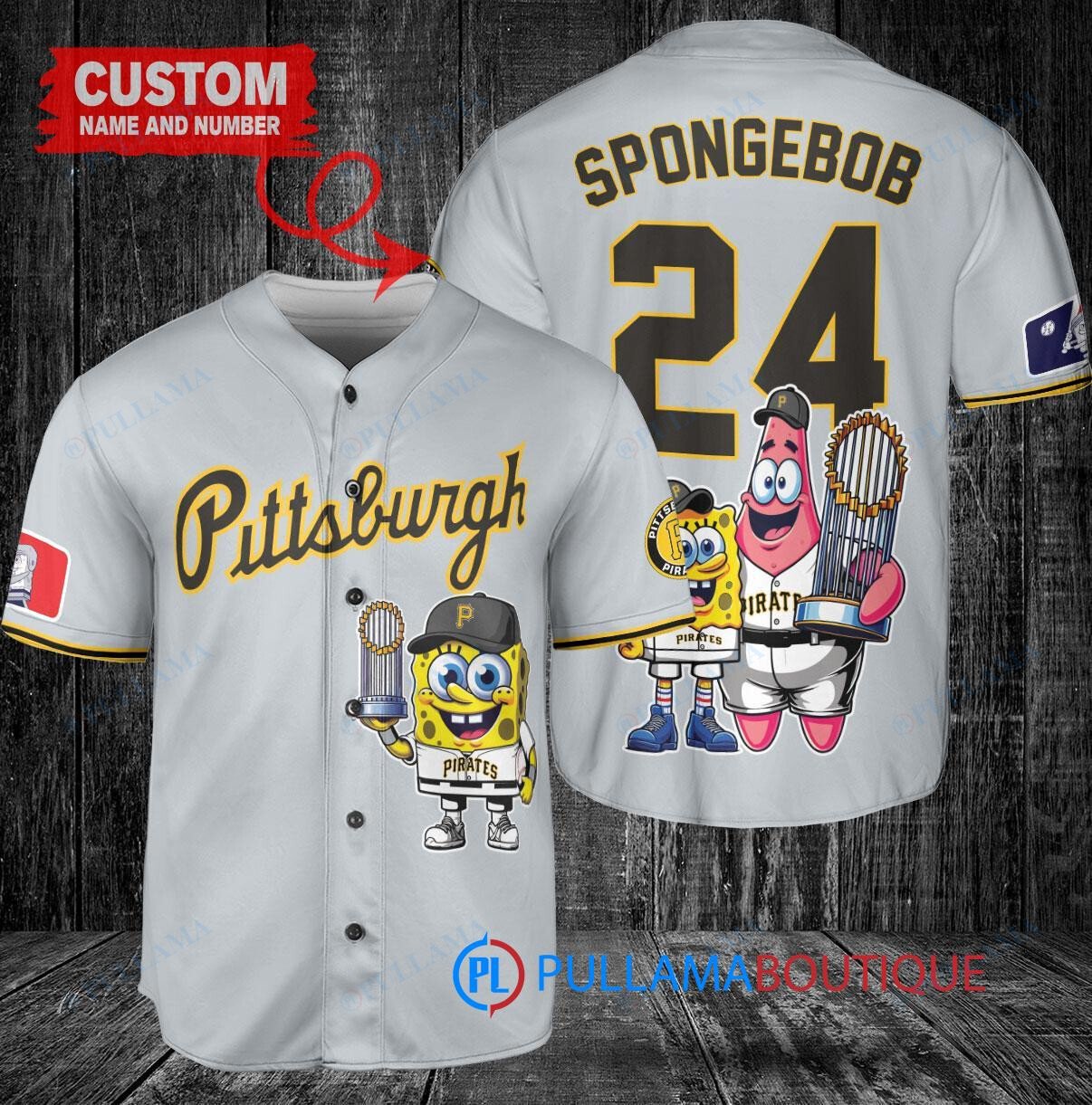 Pittsburgh Pirates x SpongeBob SquarePants with Trophy Custom Baseball Jersey Gray