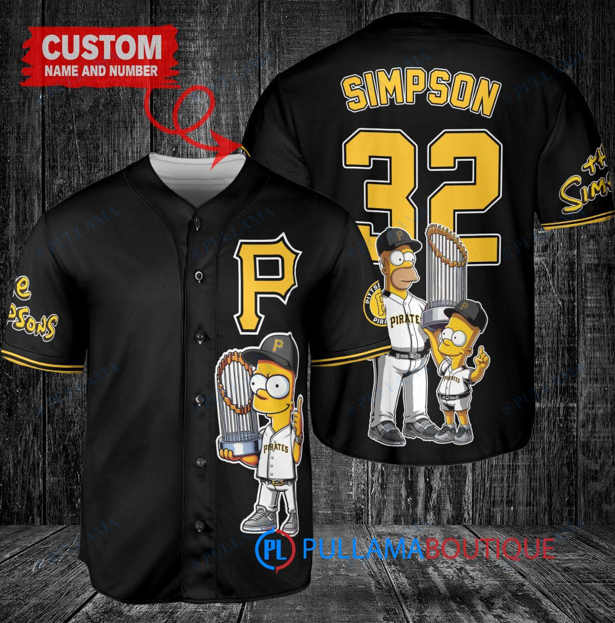 Pittsburgh Pirates x The Simpsons Bart Simpson, Homer Simpson, Lisa Simpson with Trophy Custom Baseball Jersey Black