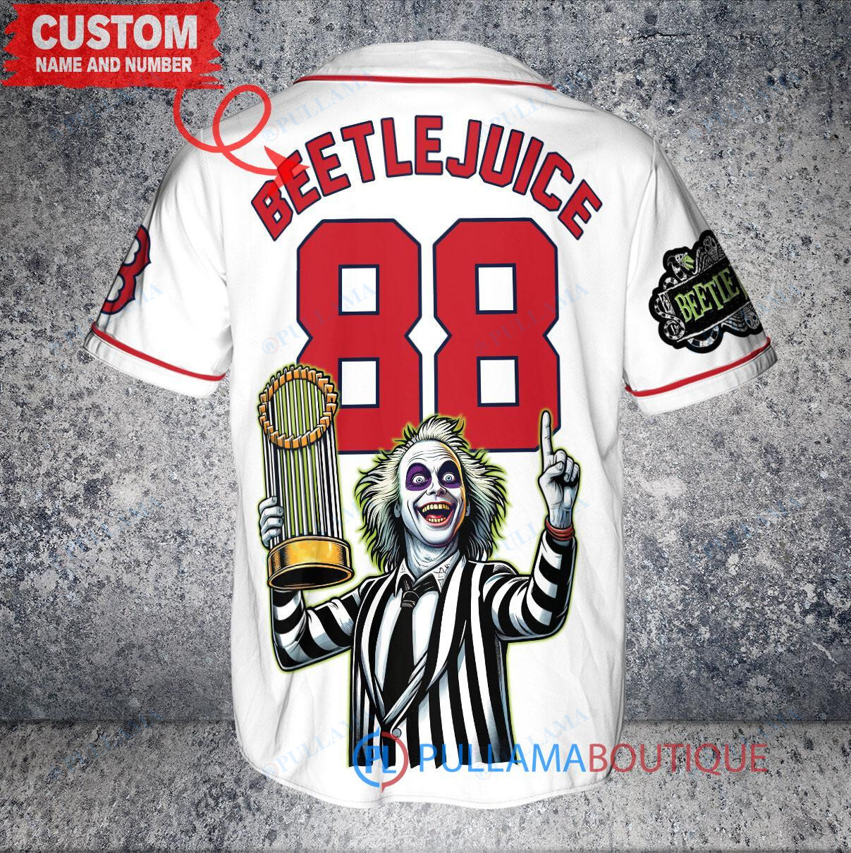 Red Sox Beetlejuice Halloween World Series Trophy Baseball Jersey White