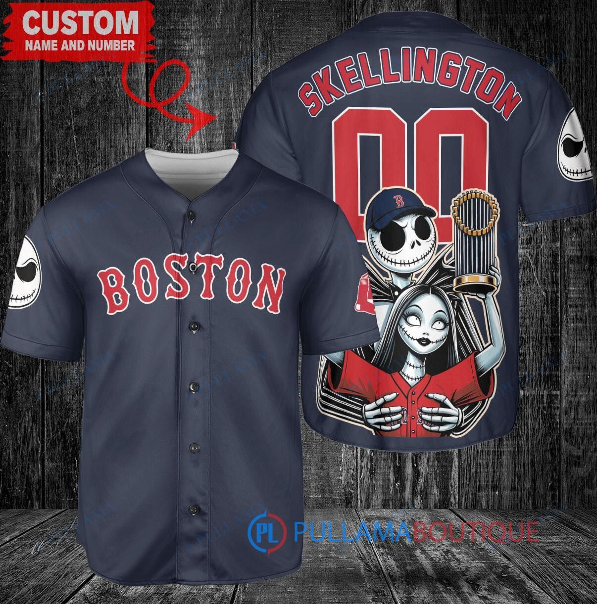 Red Sox Jack Skellington Sally World Series Trophy Baseball Jersey Navy