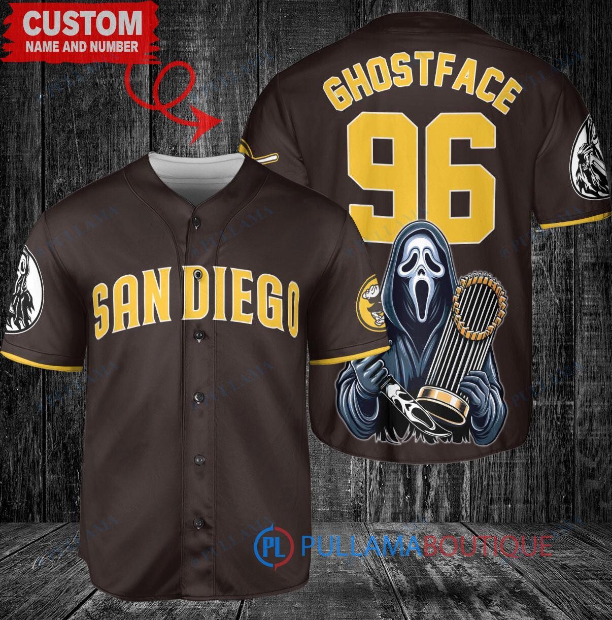 San Diego Padres Ghostface Scream Halloween World Series Trophy Baseball Jersey Brown