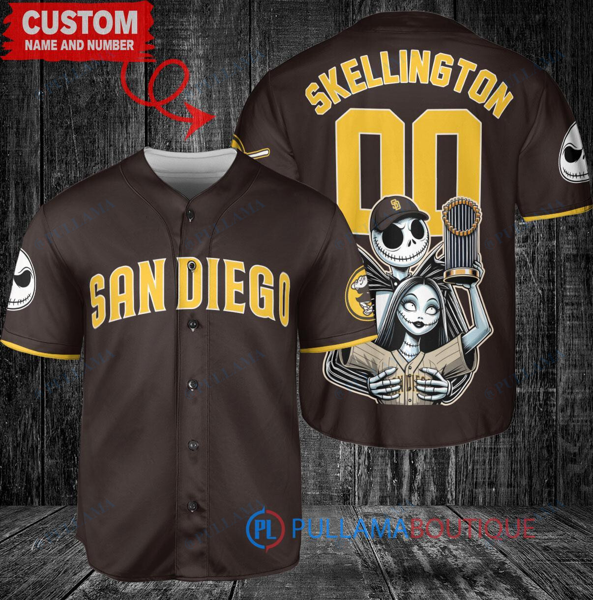 San Diego Padres Jack Skellington Sally World Series Trophy Baseball Jersey Brown