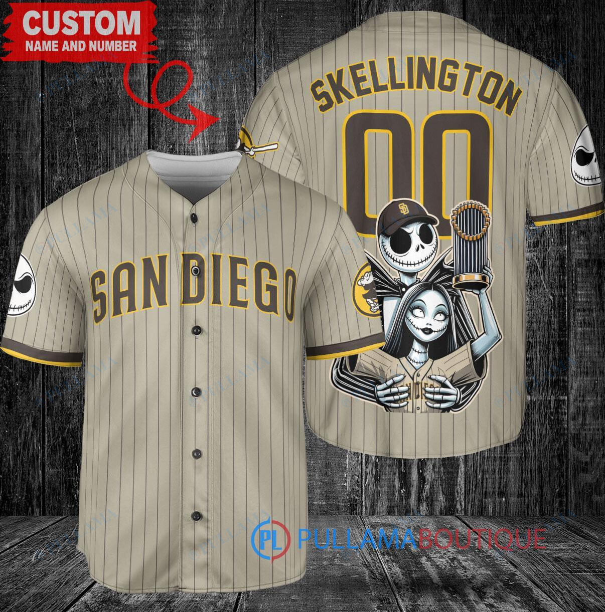 San Diego Padres Jack Skellington Sally World Series Trophy Baseball Jersey Tan
