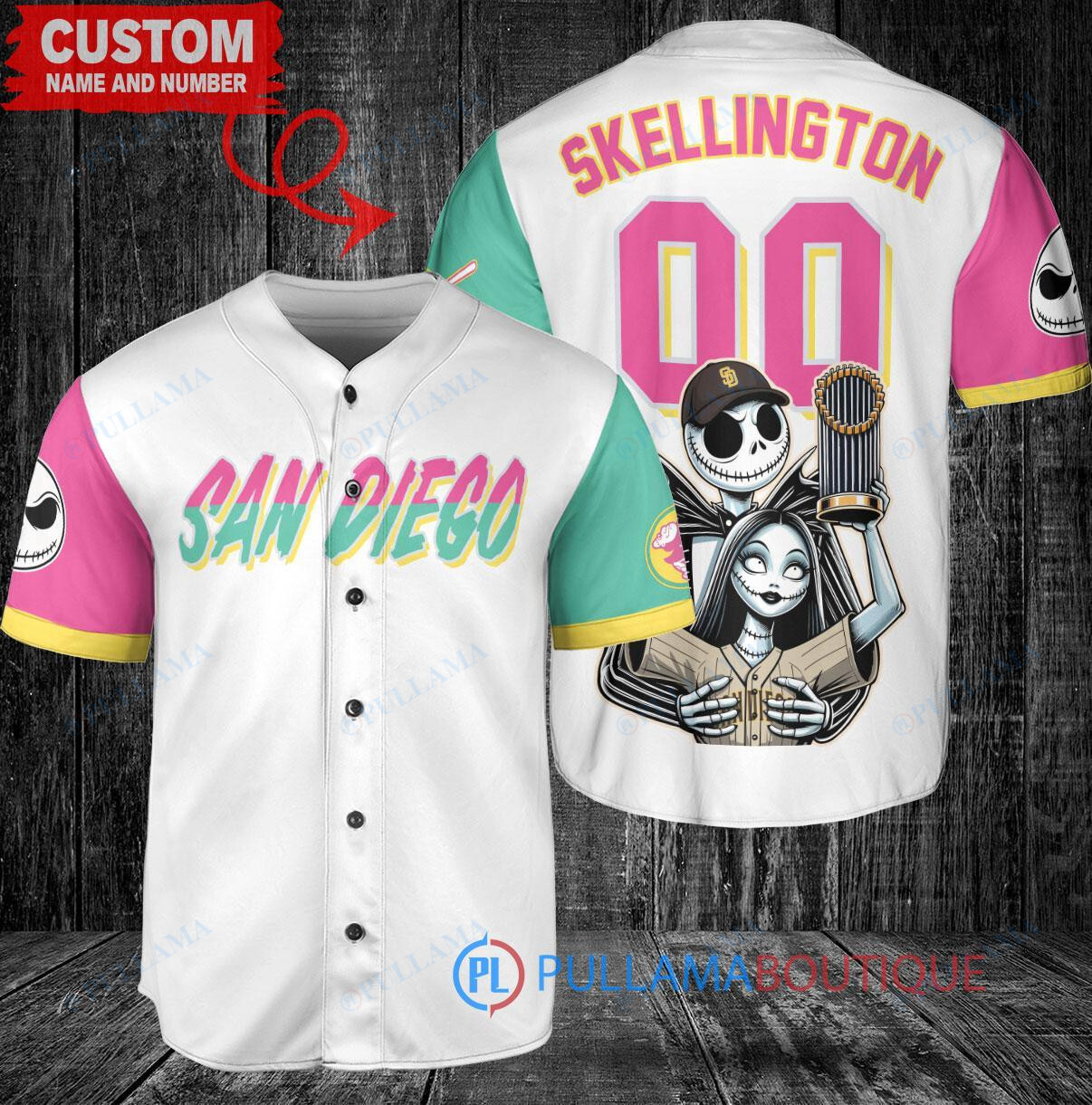 San Diego Padres Jack Skellington Sally World Series Trophy Baseball Jersey White V2