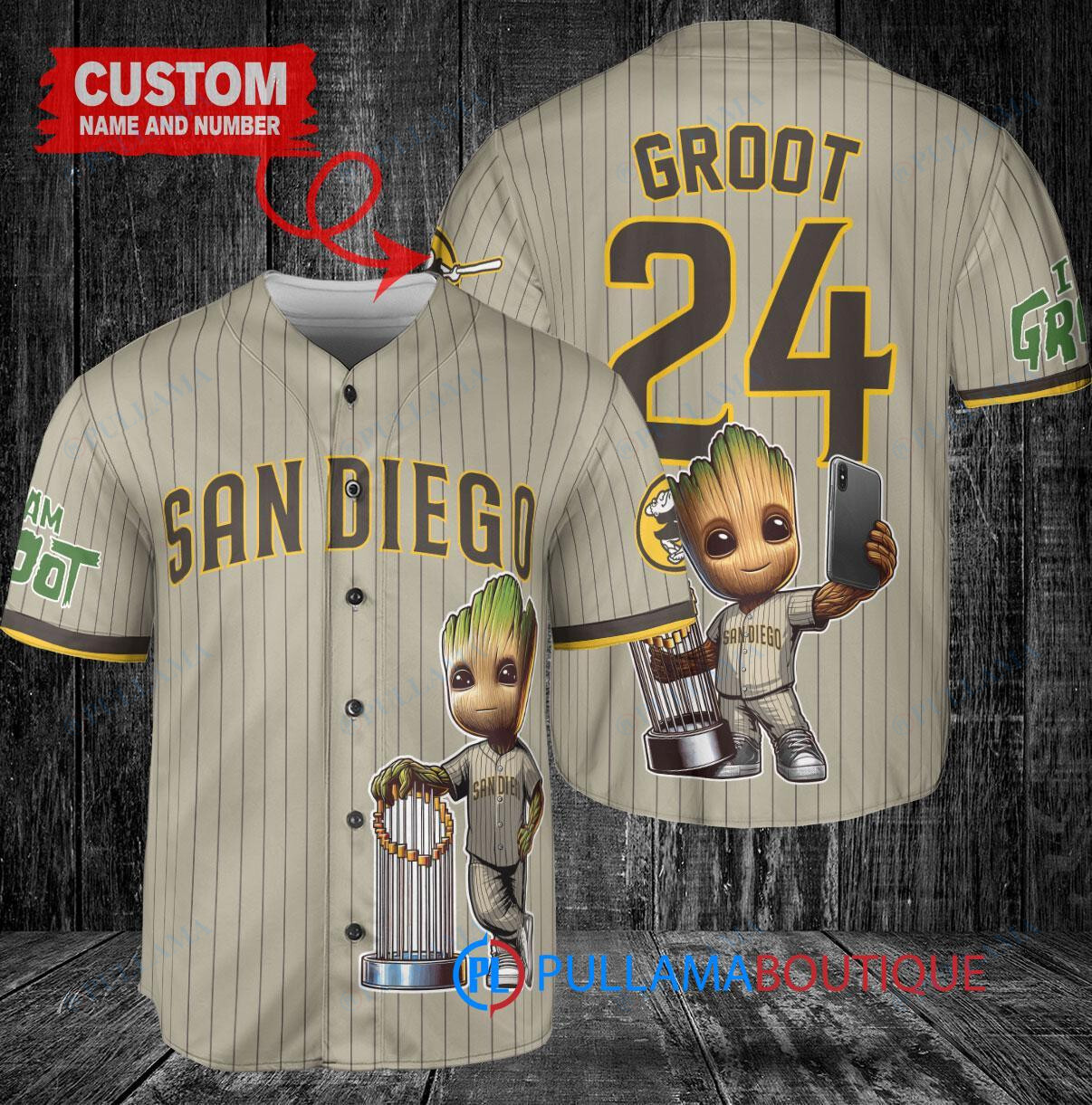 San Diego Padres x Baby Groot Marvel Guardians Of The Galaxy with Trophy Custom Baseball Jersey Tan