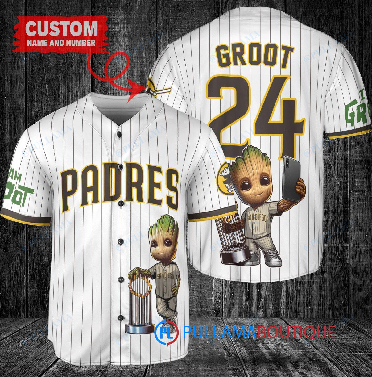 San Diego Padres x Baby Groot Marvel Guardians Of The Galaxy with Trophy Custom Baseball Jersey White