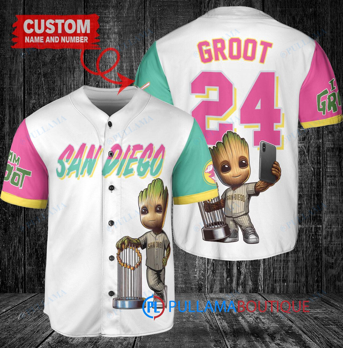 San Diego Padres x Baby Groot Marvel Guardians Of The Galaxy with Trophy Custom Baseball Jersey White City Connect