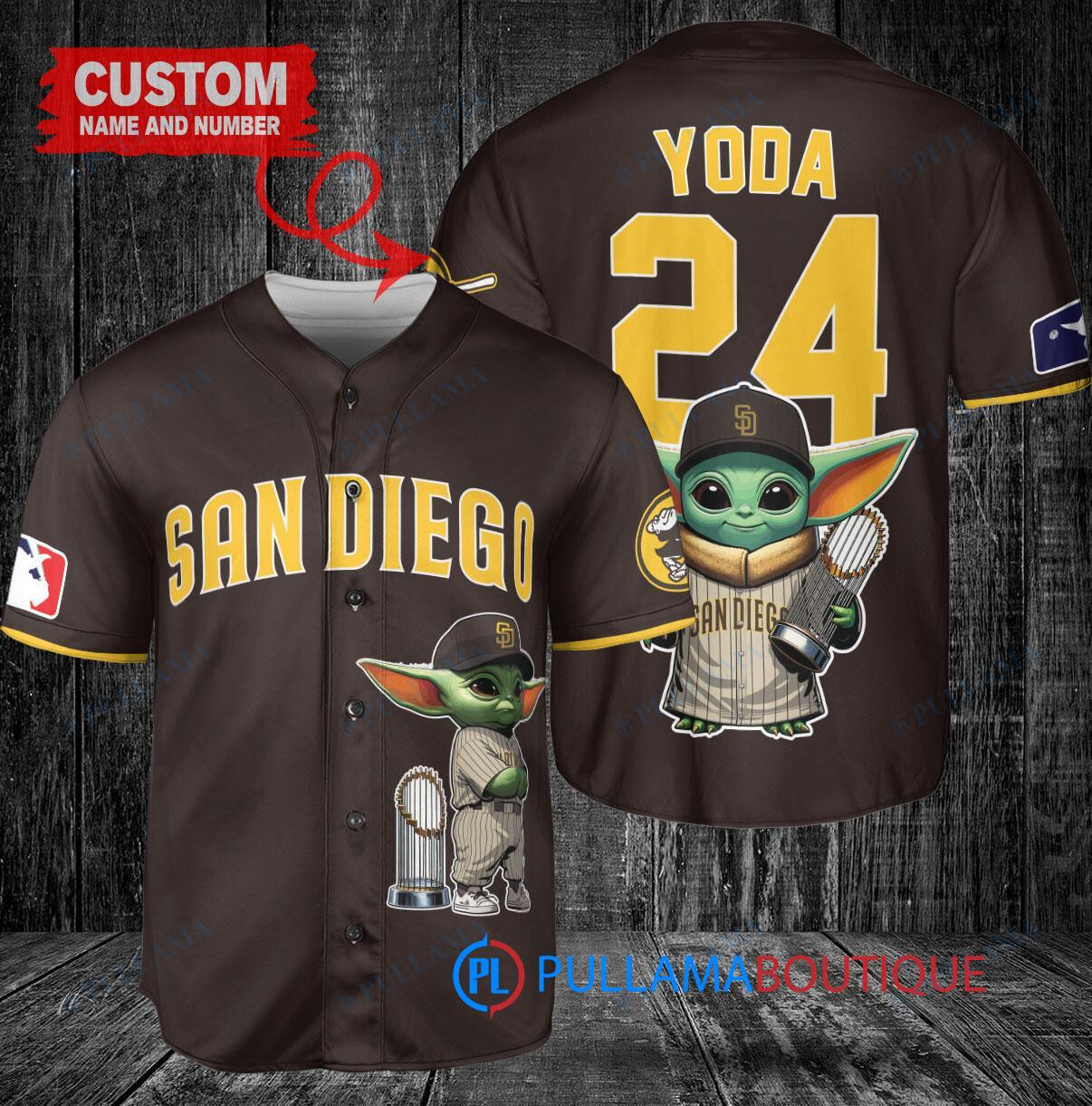 San Diego Padres x Baby Yoda Star Wars The Mandalorian with Trophy Custom Baseball Jersey Brown