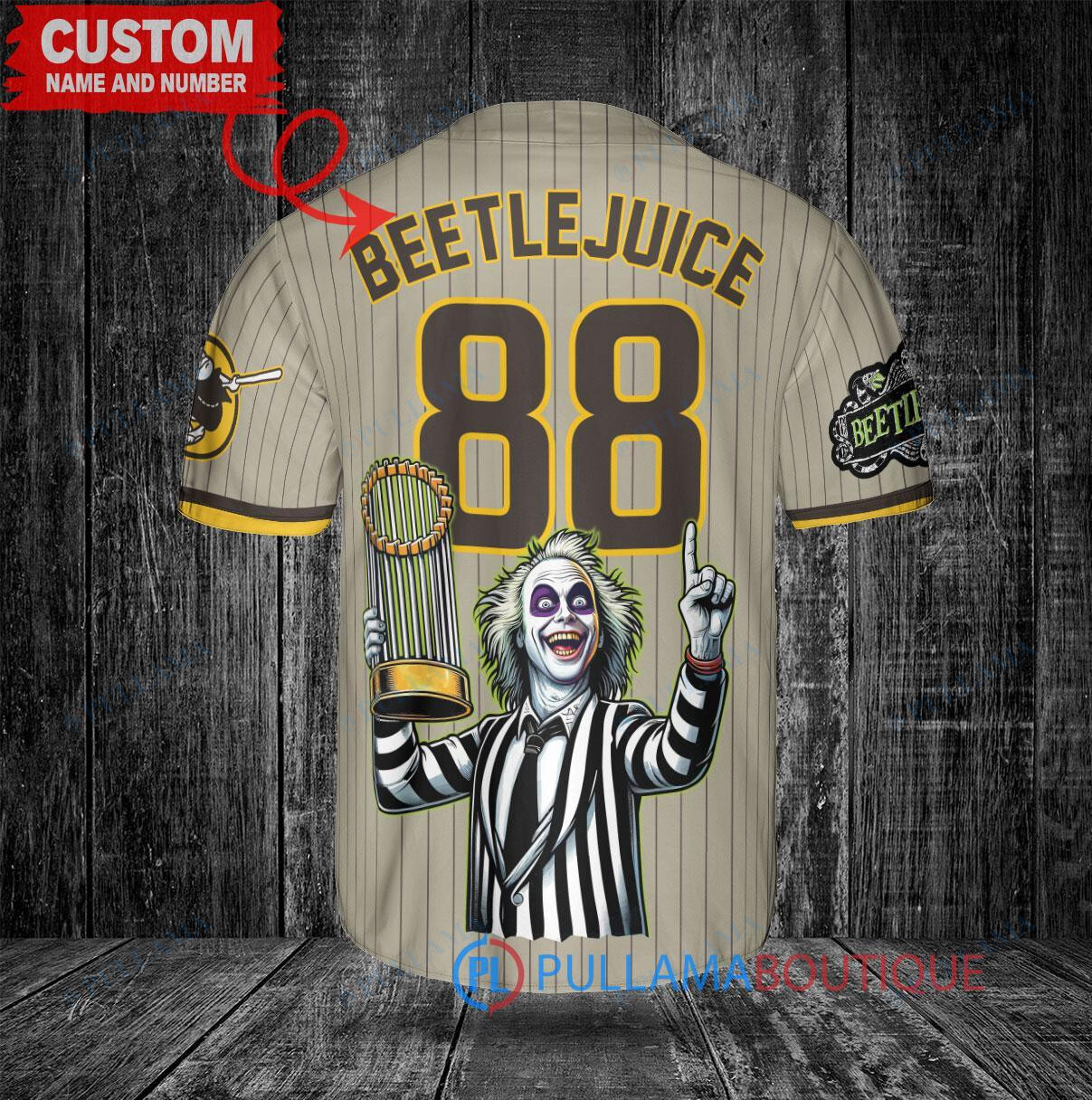 San Diego Padres x Beetlejuice Halloween with World Series Trophy Custom Baseball Jersey Tan