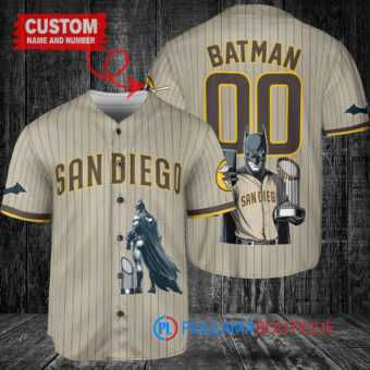 San Diego Padres x DC Comics Batman The Dark Knight with Trophy Custom Baseball Jersey Tan