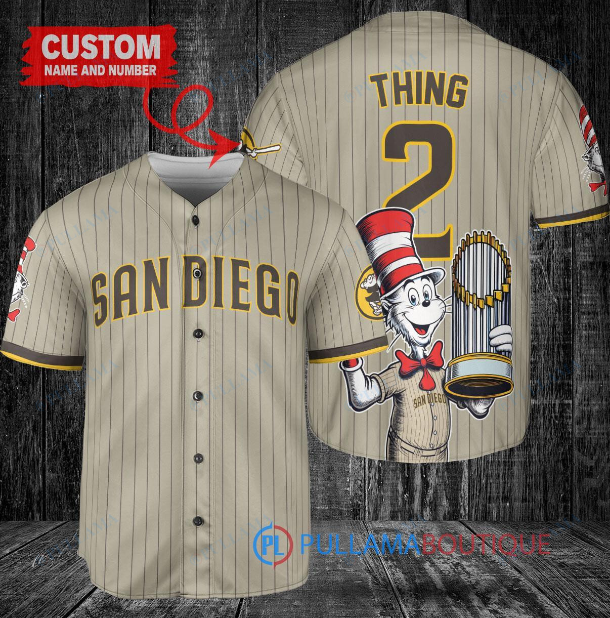 San Diego Padres x Dr Seuss with World Series Trophy Custom Baseball Jersey Tan