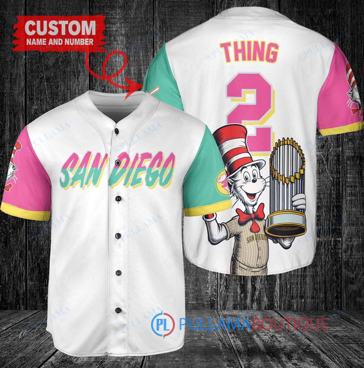 San Diego Padres x Dr Seuss with World Series Trophy Custom Baseball Jersey White City Connect