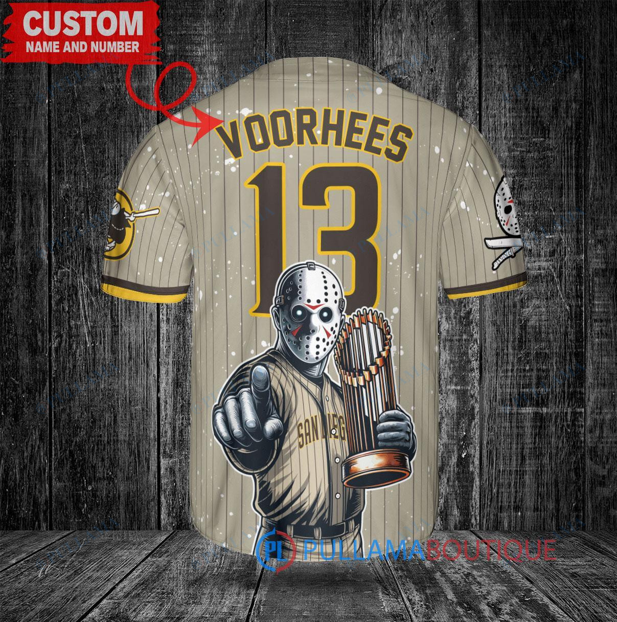 San Diego Padres x Friday the 13th Jason Voorhees Halloween with World Series Trophy Custom Baseball Jersey Tan