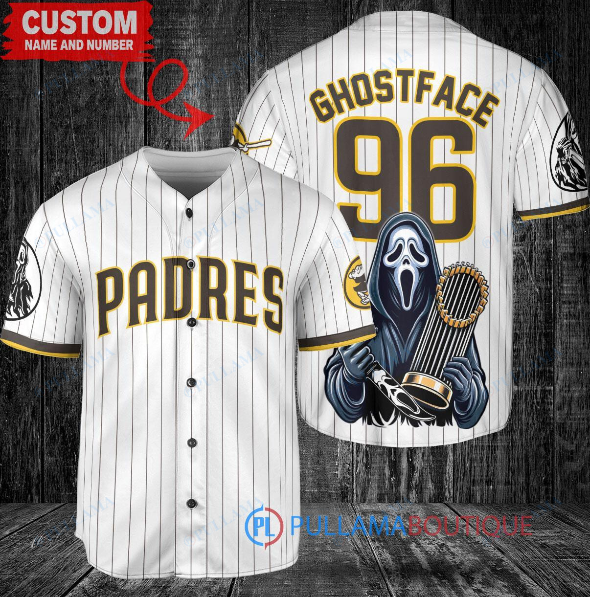 San Diego Padres x Ghostface Scream Halloween Halloween with World Series Trophy Custom Baseball Jersey White
