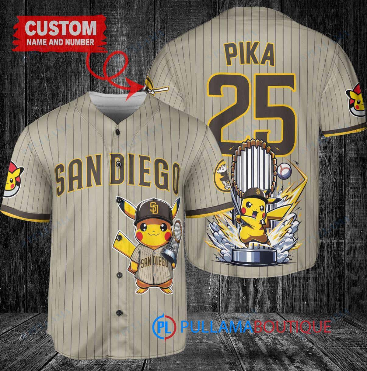 San Diego Padres x Pikachu Pokemon with Trophy Custom Baseball Jersey Tan