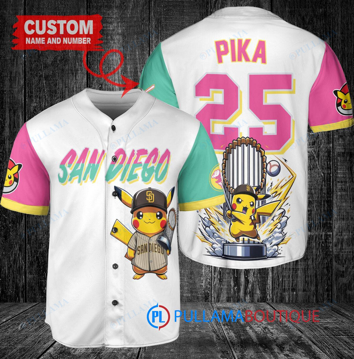 San Diego Padres x Pikachu Pokemon with Trophy Custom Baseball Jersey White City Connect