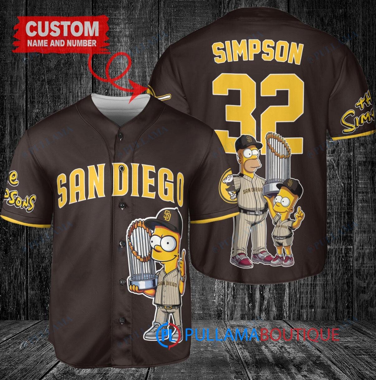 San Diego Padres x The Simpsons Bart Simpson, Homer Simpson, Lisa Simpson with Trophy Custom Baseball Jersey Brown
