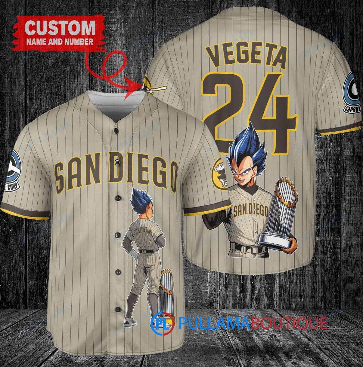 San Diego Padres x Vegeta Super Saiyan Dragon Ball Z with Trophy Custom Baseball Jersey Tan