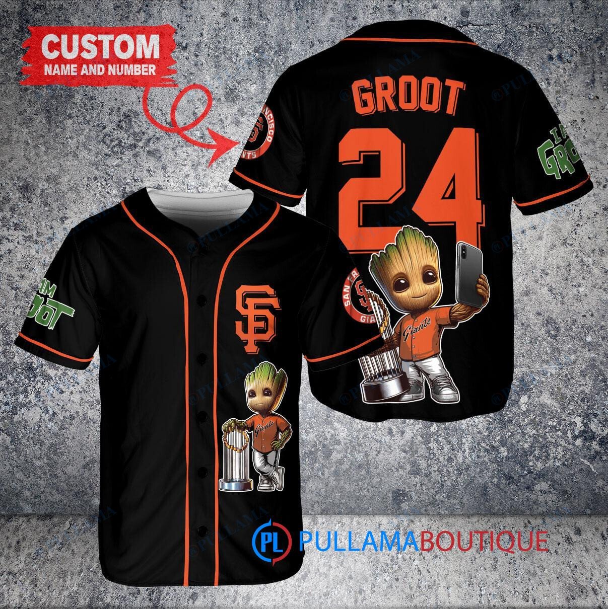 San Francisco Giants x Baby Groot Marvel Guardians Of The Galaxy with Trophy Custom Baseball Jersey Black