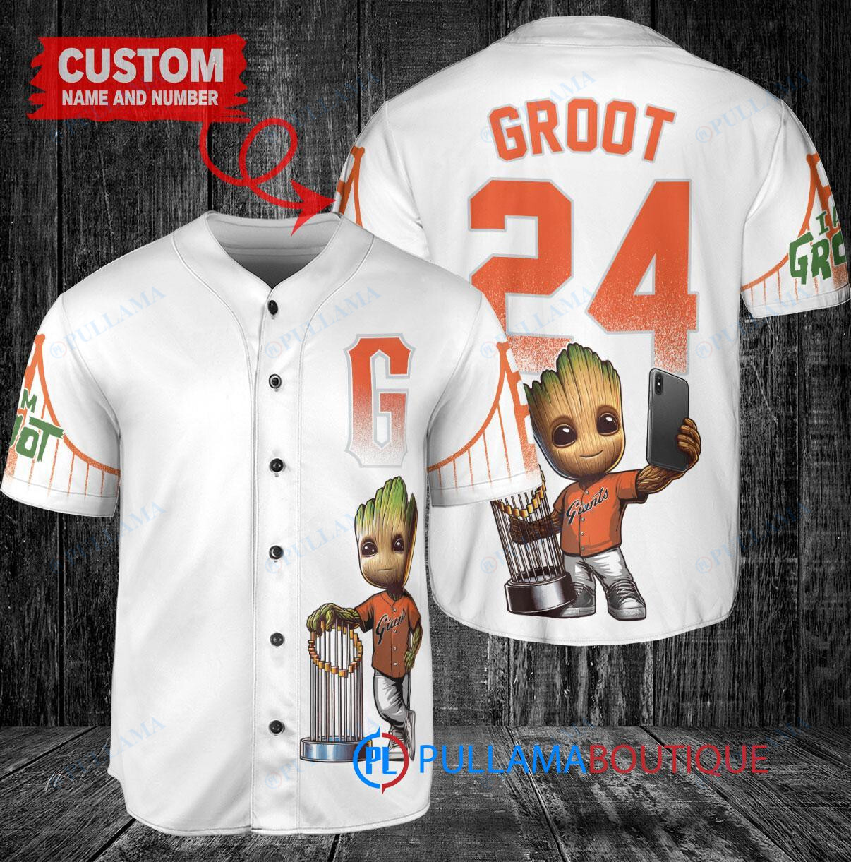 San Francisco Giants x Baby Groot Marvel Guardians Of The Galaxy with Trophy Custom Baseball Jersey White City Connect
