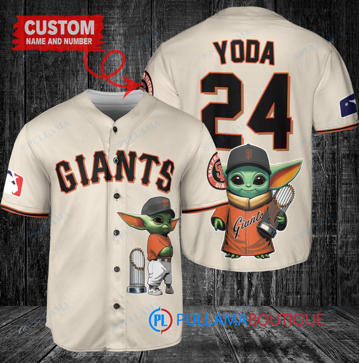 San Francisco Giants x Baby Yoda Star Wars The Mandalorian with Trophy Custom Baseball Jersey Cream