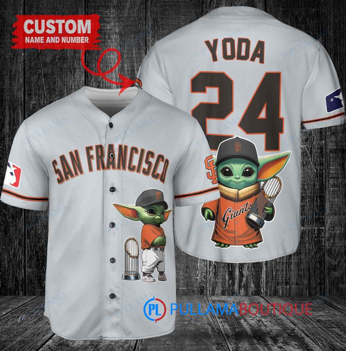 San Francisco Giants x Baby Yoda Star Wars The Mandalorian with Trophy Custom Baseball Jersey Gray