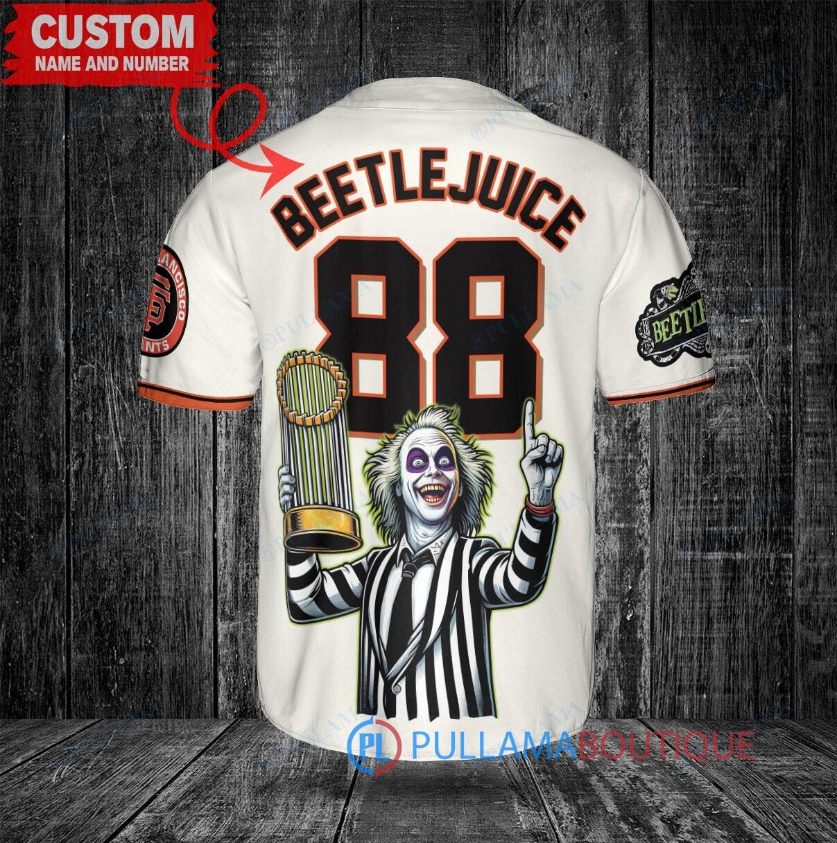 San Francisco Giants x Beetlejuice Halloween with World Series Trophy Custom Baseball Jersey Cream