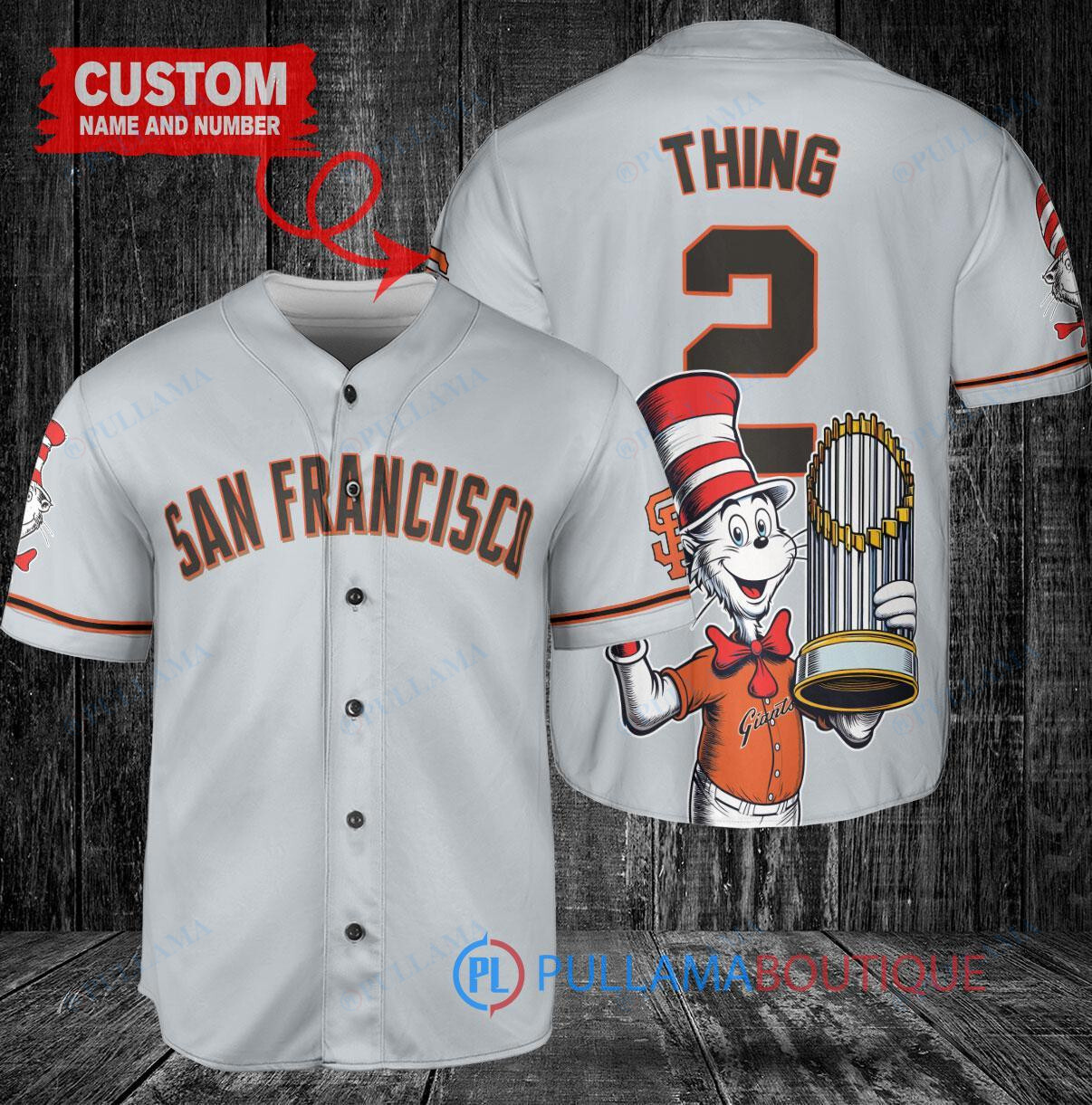 San Francisco Giants x Dr Seuss with World Series Trophy Custom Baseball Jersey Gray