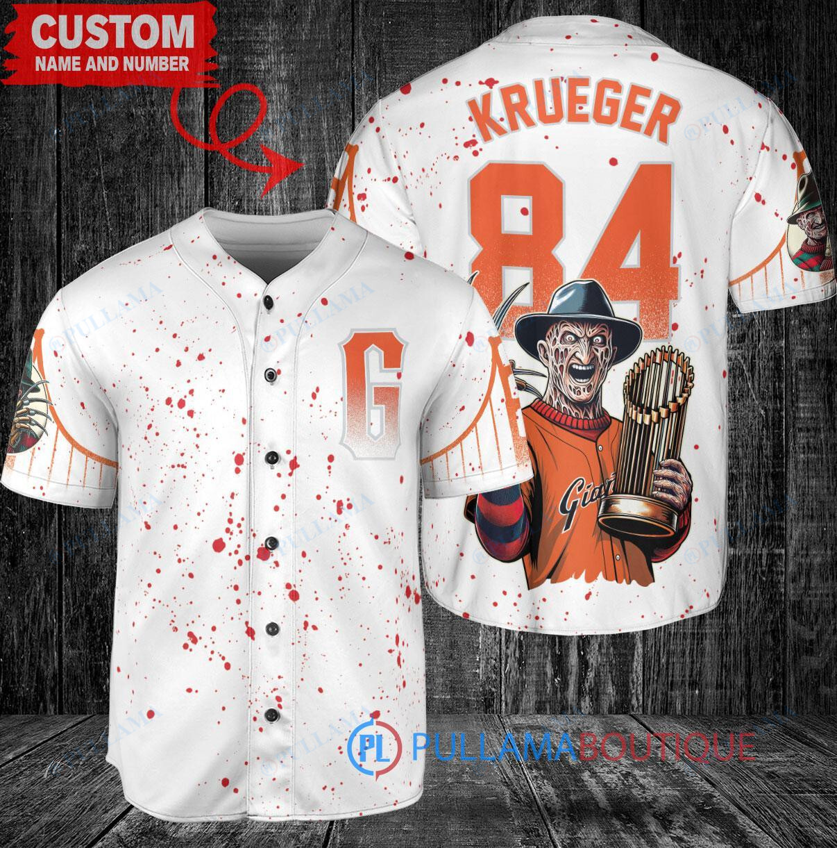 San Francisco Giants x Freddy Krueger A Nightmare on Elm Street Halloween with World Series Trophy Custom Baseball Jersey White City Connect