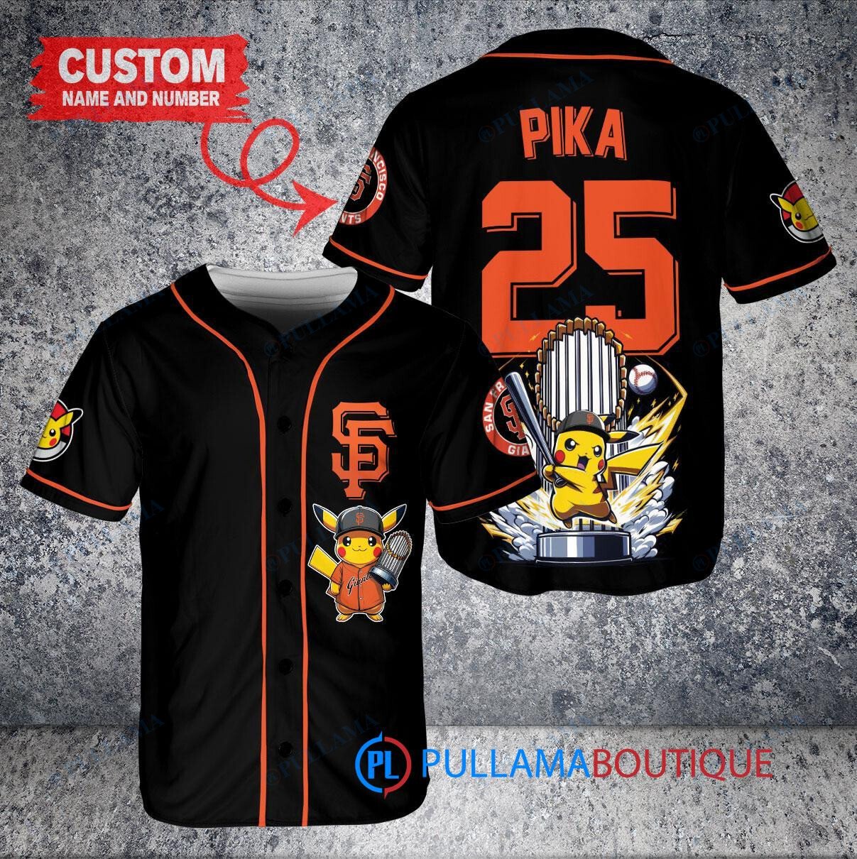 San Francisco Giants x Pikachu Pokemon with Trophy Custom Baseball Jersey Black