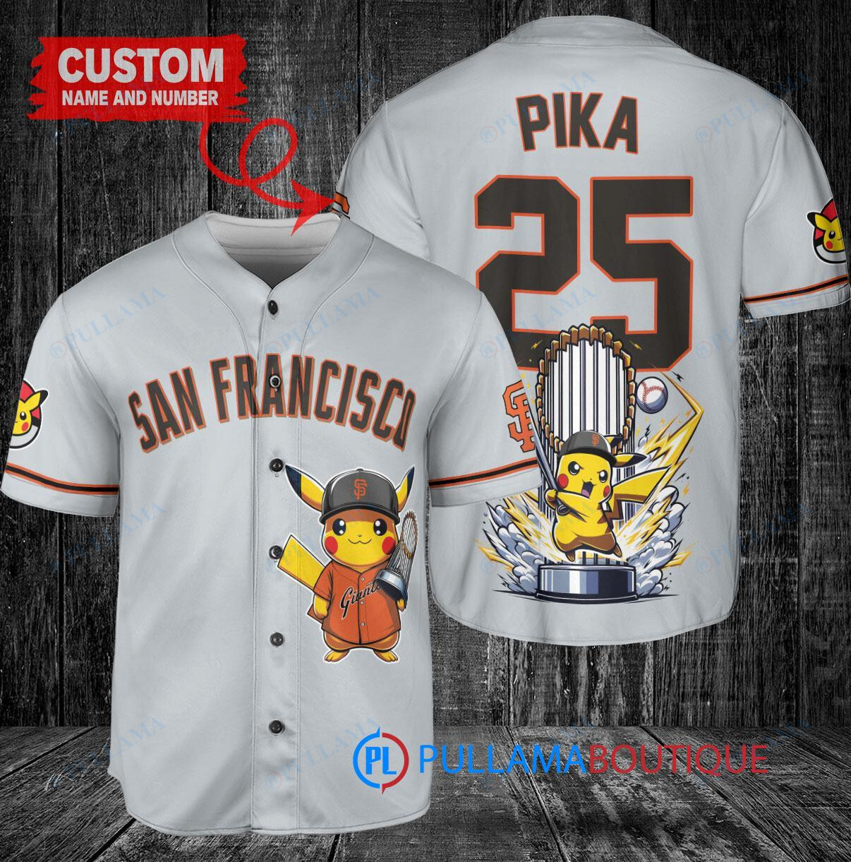 San Francisco Giants x Pikachu Pokemon with Trophy Custom Baseball Jersey Gray